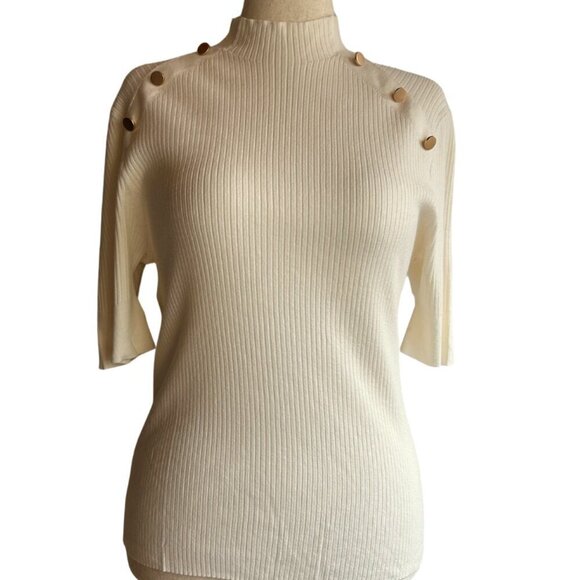 NWT LOFT Ribbed Shoulder Button Mock Neck Sweater Women's XL/12 Cream White - Picture 3 of 9